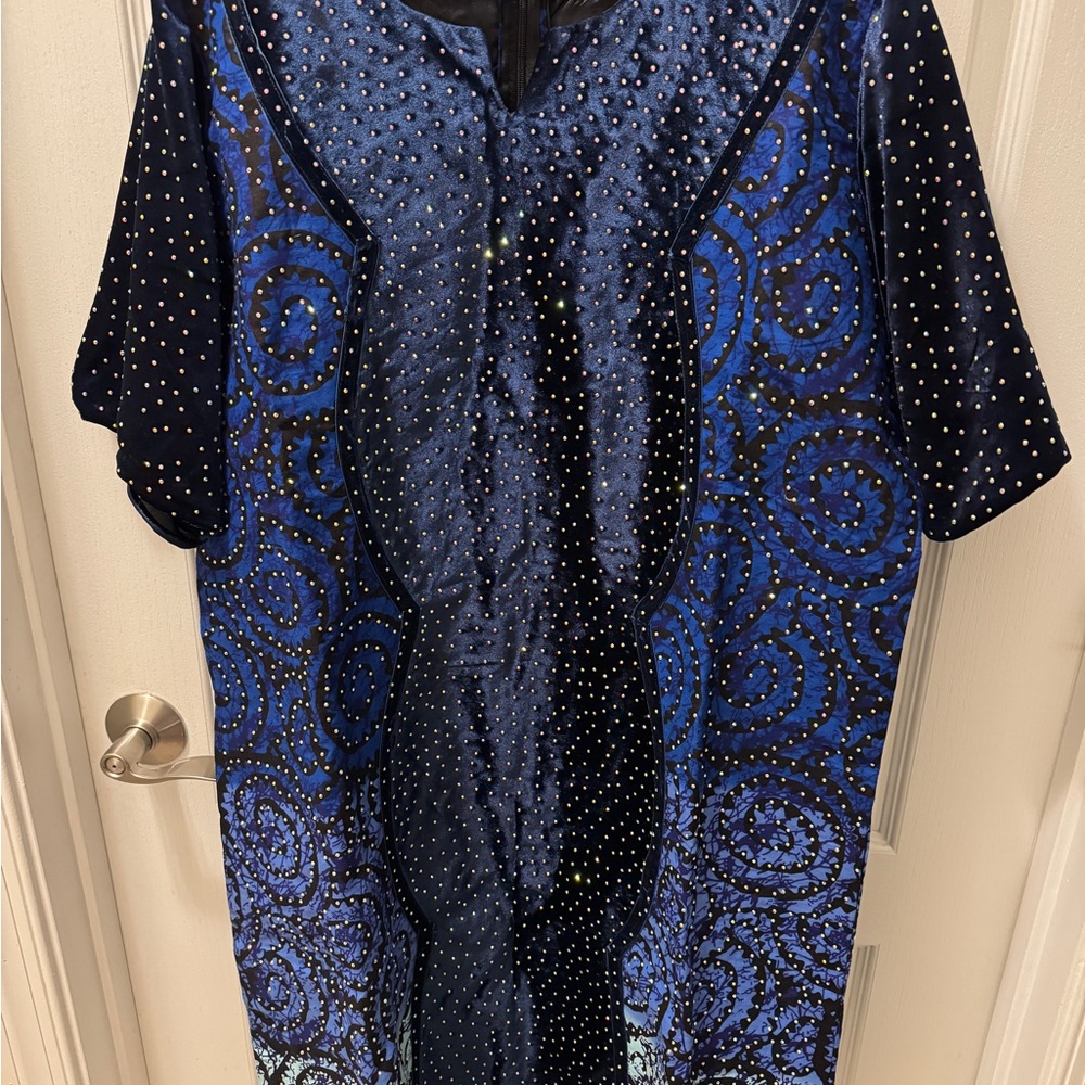Diamante Midnight Blue and Black Midi Dress | Velvet Sleeves